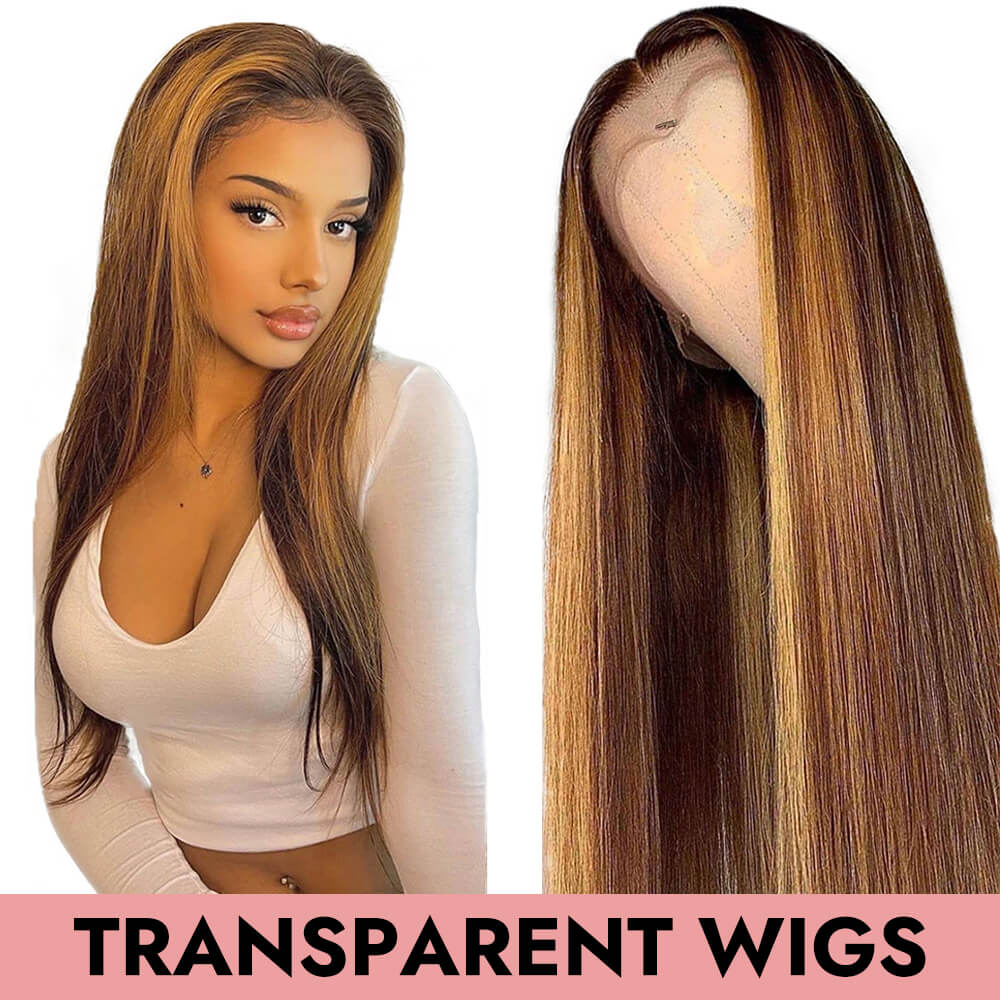 Straight Transparent lace wig 5x5 13x4 13x6 closure wig lace front full frontal wig 180% 250% #4/27 Highlight human virgin hair COMELYHAIRS™