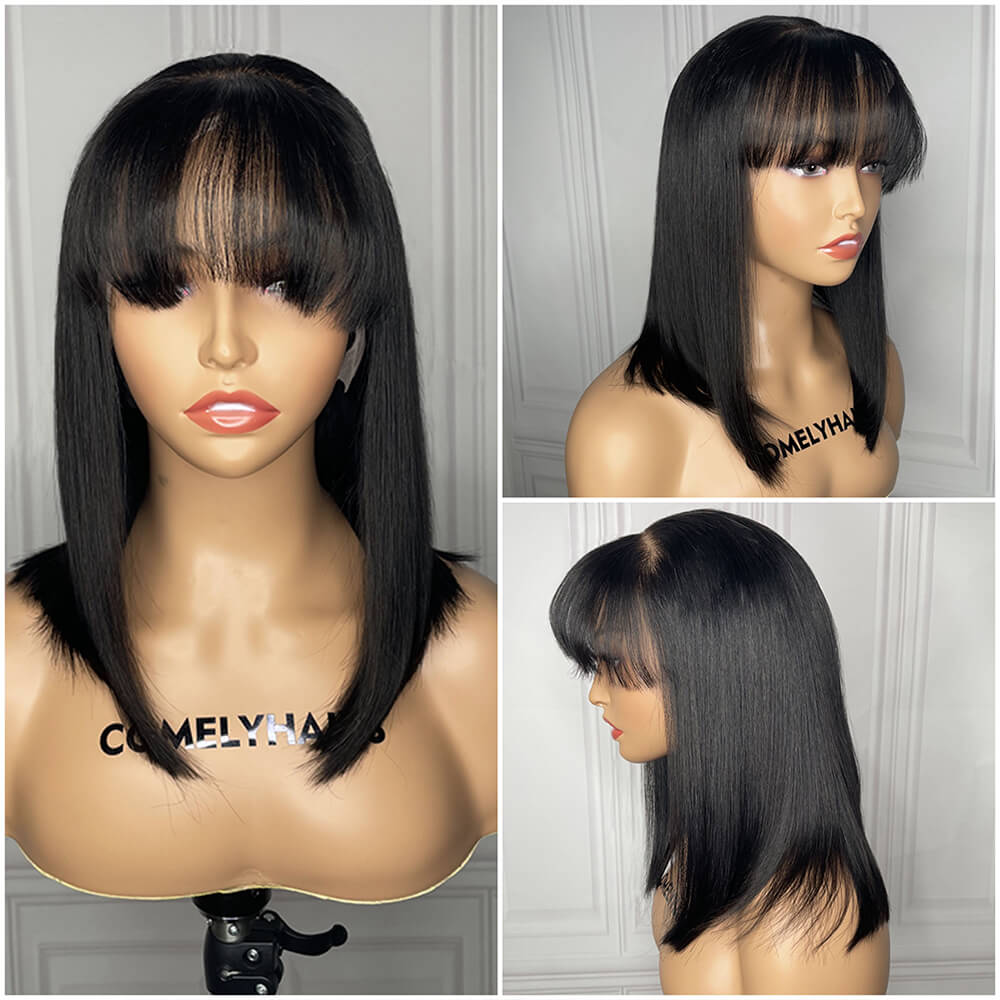 Bob with bang transparent lace full frontal lace front natural black 13x4 13x6 human virgin hair wigs 180% 250% COMELYHAIRS™